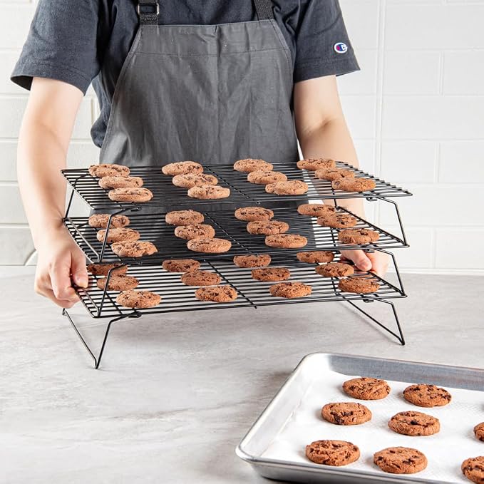 Restaurantware Met Lux 15.7 x 9.8 x 8.3 Inch Wire Baking Rack Set 1 Stackable Oven Wire Rack Set - 3-Tier Design Oven-Ready Up To 392F Black Iron Cooling Rack Set With Collapsible Feet