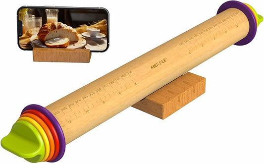 Rolling Pin with Thickness Rings for Baking,Fondant, Pizza, Pie Crust, Cookie, Pastry, Roller Rod for Dough Thickness, 13.6" Adjustable Wood Rolling Pin with 4 Thickness Rings and Wooden Stand