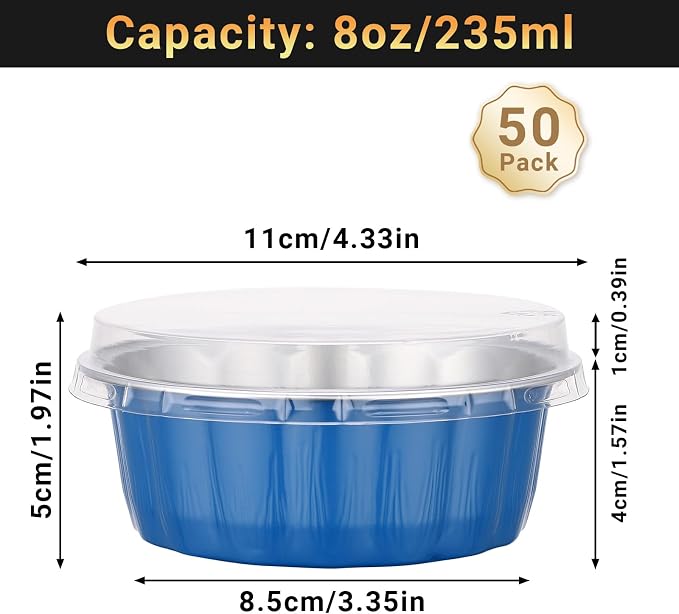 Beasea 8 oz Disposable Ramekins with Lids, 50 Pack Aluminum Cups for Baking, Aluminum Foil Baking Cups with Lids, Creme Brulee Muffin Cupcake Mini Pudding Foil Ramekin for Party Wedding - Moon Blue
