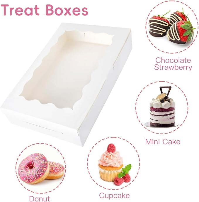 Moretoes 24pcs Bakery Boxes, 12x8x2.5 Inches,Treat Boxes with Window for Chocolate Covered Strawberries, Pastries, Cookies, Desserts, Donuts and Muffins