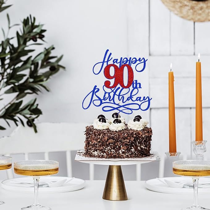 Happy 90th Birthday Cake Topper,Deep blue font red Numbers 90th Birthday Cake Decoration,Hello 90, Cheers to 90 Years/90th Anniversary,90& Fabulous Party Decoration