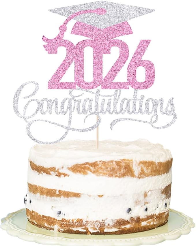 Silver pink 2026 Congratulations Graduation Cake Topper,Congrats Grad Cake Decor - 2026 High School/College/Senior Graduation Party Decorations Supplies