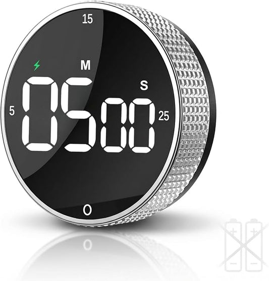 Rechargeable Magnetic Kitchen Timer,LED Countdown/Up Timer, Supports USB-C Charging,with Loud Alarm,3 Preset Quick Times(5/15/25m),Perfect for Kitchen Cooking, Studying, and Fitness (Silver)