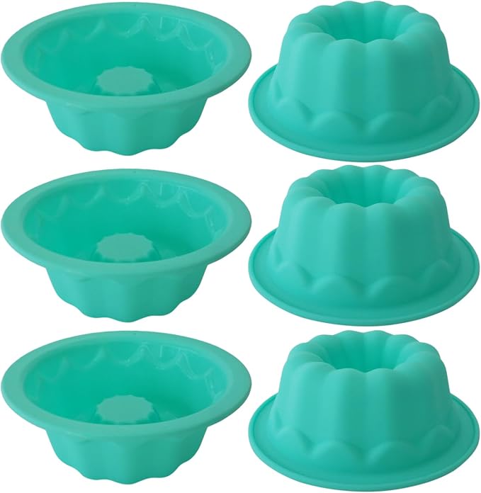 Silicone Small Fluted Cake Pans 4 Inch, Nonstick Baking Mold Pumpkin Shape, Reusable Round Mini Cake Pan Set, Individual Muffin Donut Pan for Cupcake, Jelly, Brownies- 6pcs, Green