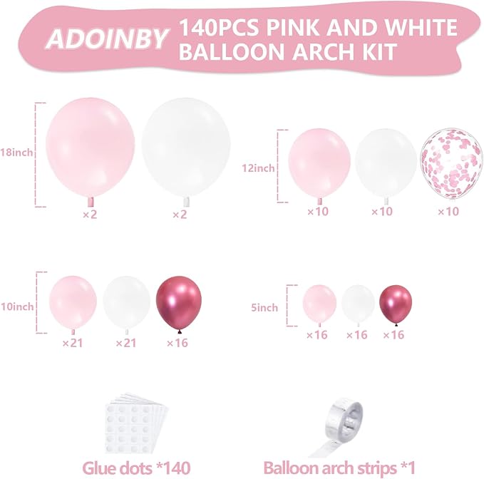Pink Balloon Arch Kit, 140Pcs Pastel Light Metallic Pink and White Balloons with Pink Confetti Balloon Garland Kit for Birthday, Galentine's Day, Valentine's Day, Anniversary Party Decoration