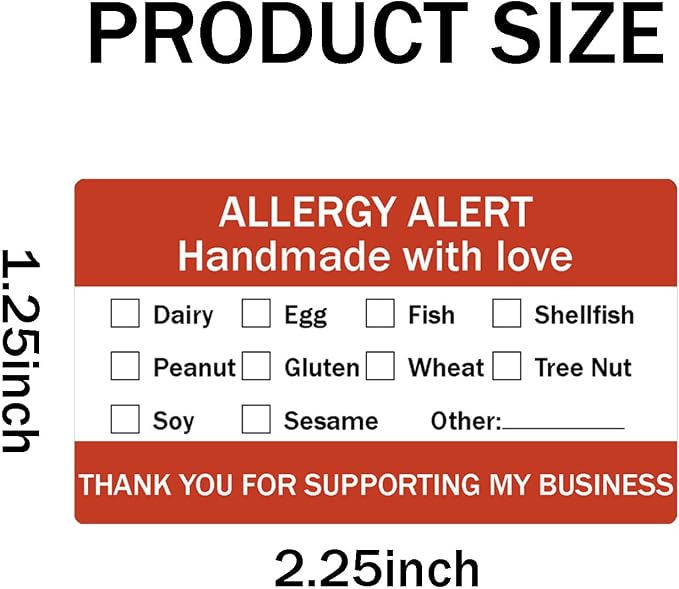 500 Pcs Food Allergy Stickers 1.25×2.25 inch Allergen Warning Stickers Handmade with Love Labels for Bakery, Restaurant, Catering Use (Red)