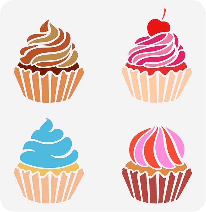 FINGERINSPIRE Cupcake Stencil for Painting 11.8x11.8 inch PET Hollow Out DIY Cupcake Home Decor Cream Cherry Drawing Stencil Reusable Cake Art Craft Stencils for Wall Cabinet Canvas Bag Paper Decor