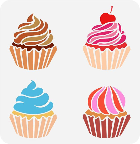FINGERINSPIRE Cupcake Stencil for Painting 11.8x11.8 inch PET Hollow Out DIY Cupcake Home Decor Cream Cherry Drawing Stencil Reusable Cake Art Craft Stencils for Wall Cabinet Canvas Bag Paper Decor
