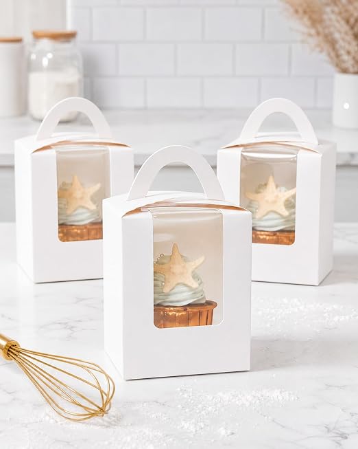 qiqee Auto-pop White Cupcake Boxes Individual Disposable 3.7"x3.7"x4.5" 200pcs Cupcake Disposable Single Box with Window