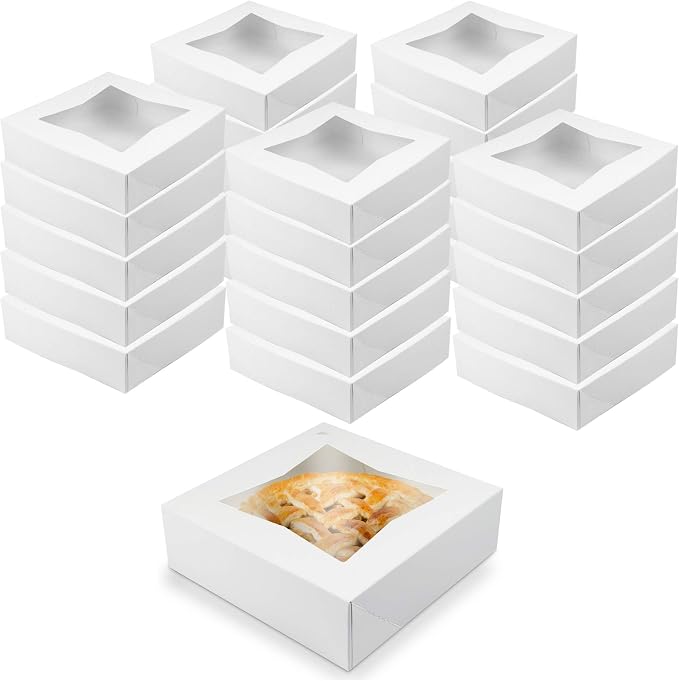 O’Creme White Bakery Boxes with Window 10x10x2.5 in, 25 Pack, Display Pies, Pastries, Cupcakes and Cookies | Paperboard White Kraft Auto-Popup Window Cake Boxes, Pie Pastry Container Carrier