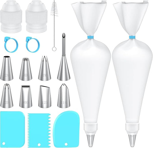 Piping Bags and Tips Set, 16 Inch Cotton Reusable 2 Piping Bags, 7 Piping Tips, 2 Couplers, 1 Puff Tip, 1 Brushes, 3 Scrapers. Icing Bags and Tips Set for Cakes/Cupcakes Decorating.
