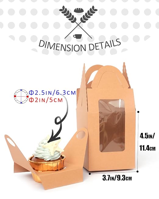 qiqee Auto-pop Brown Cupcake Boxes Individual Disposable 3.7"x3.7"x4.5" 200pcs Cupcake Disposable Single Box with Window