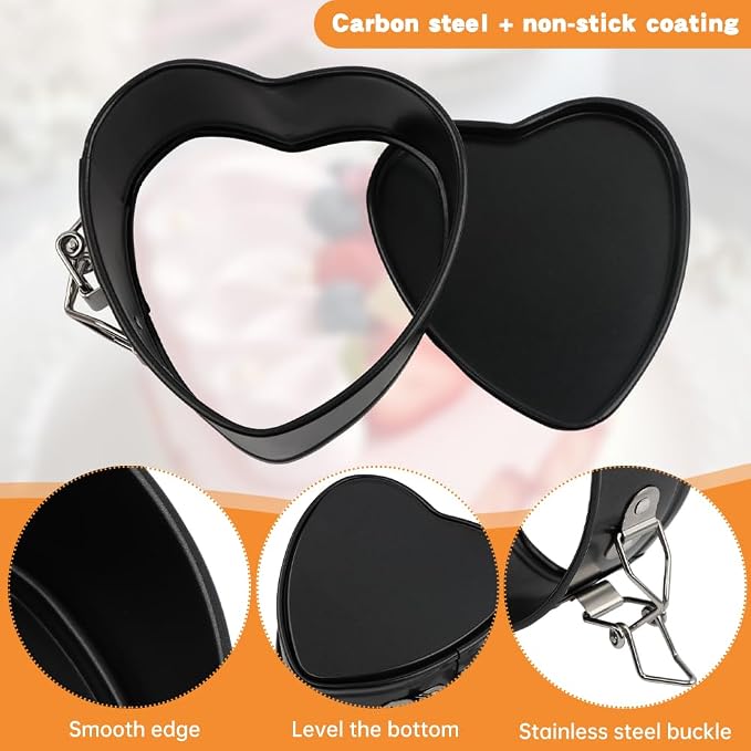 Heart Springform Pans 4 Inch, Set of 4 Mini Cheesecake Pans, Nonstick | Removable bottom, Spring latch release, Carbon steel with nonstick coating, Oven safe 445F, Hand wash recommended