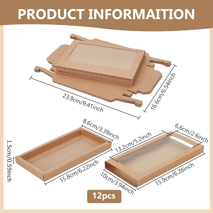 BENECREAT 12Pcs Rectangle Kraft Paper Boxes Brown Bakery Favor Boxes 6.3×3.4×0.6Inches Gift Boxes with Clear PVC Windows for Bakery, Wedding, and Party Favors Packaging