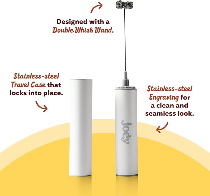 Joe'y Electric Milk Frother, USB Rechargeable Handheld Mixer, Dual Speed Stainless Steel Frother Wand with Double Whisk for Coffee, Lattes, Matcha, Includes Travel Case, Coffee Bar Accessories, White