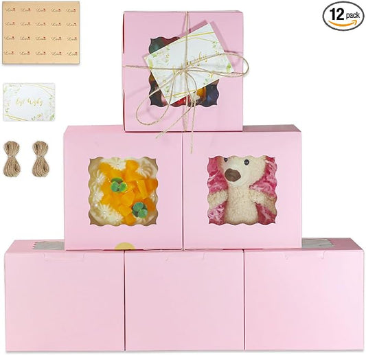 12 Pack 6x6x5 Inch Cake Boxes with Window, Pink Bakery Carriers for Bento Cake, Cupcakes, Cookies, Dessert Treats – Perfect for Valentine's Day, Mother's Day Gifting