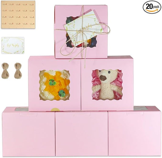 20 Pack 6x6x5 Inch Cake Boxes with Window, Pink Bakery Carriers for Bento Cake, Cupcakes, Cookies, Dessert Treats – Perfect for Valentine's Day, Mother's Day Gifting