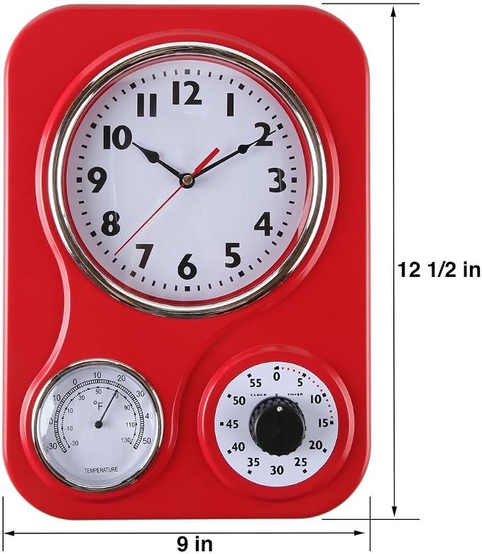Lily's Home - 9 Inch x 12.5 Inch - Retro Kitchen Wall Clock, Vintage Wall Clock with a Thermometer and 60-Minute Timer, Ideal for Any Kitchen, Office, or Diner (Red)