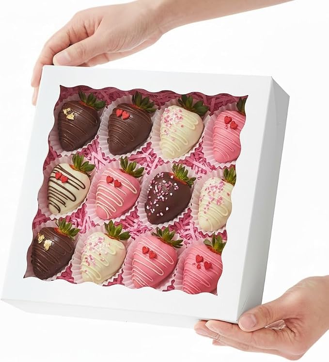 50PCS White Bakery Boxes with Window, 9x9x2.5 Inch Gift-Ready Pastry Box for Chocolate Strawberries, Macarons, Truffles, Ores, Cookies, Donuts, Perfect for Different Holiday Celebrate