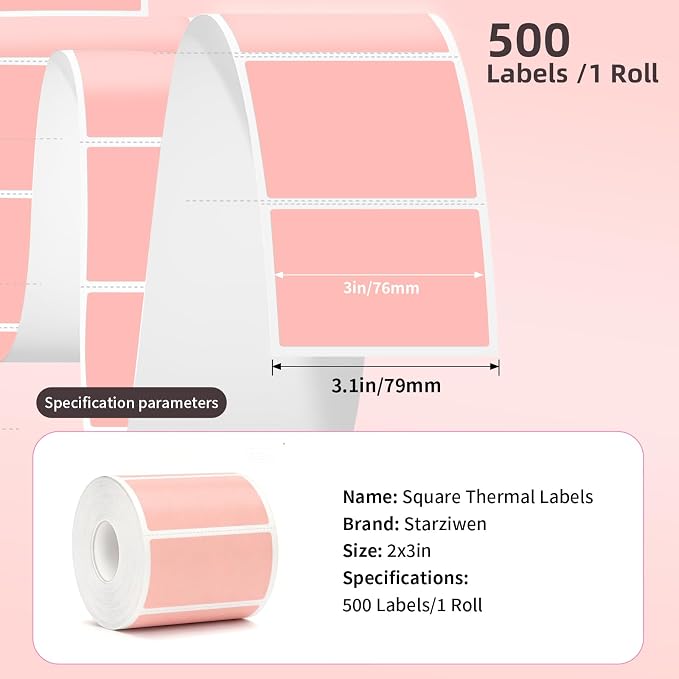 500 Labels/Roll 2" x 3" Pink Thermal Labels, Self-Adhesive Rectangle Thermal Sticker for Name Tag, Bakery, Gift, Address, Small Business