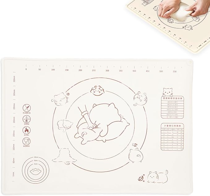 27x19" Silicone Pastry Mat with Cute Cat Design, Non-Slip & Reusable Dough Rolling Mat with Measurements, Extra Large Baking Mat for Kneading Bread, Pizza, Cookies, and More