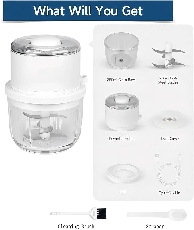 Electric Garlic Chopper, Mini Portable Chopper with Secure 6 Stainless Steel Blades & 350ML Glass Bowl, Cordless Mini Food Processor, 60+ Uses Per Charge for Kitchen, RV & Camping (White-B)