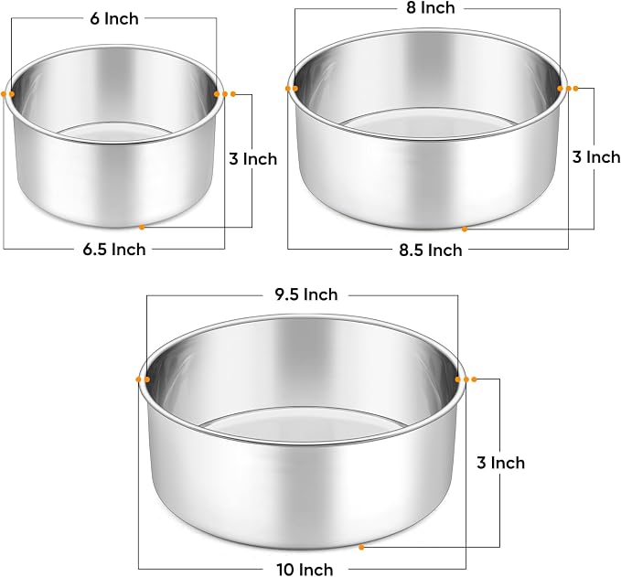 P&P CHEF 6 + 8 + 9.5 Inch Cake Pans Set, Round Baking Pan Stainless Steel Layer Birthday Wedding Cake Oven Pans, Non Toxic & Heavy Duty, Deep Side & Mirror Finish, Dishwasher Safe, (3Pcs)