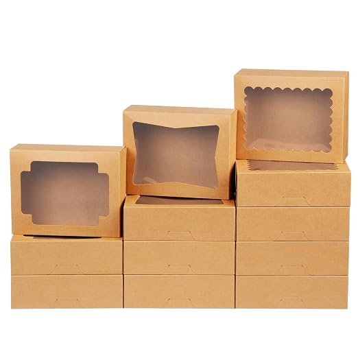 NPLUX Cookie Boxes Bakery Boxes with Window 8x6.5x2.5 Inches Auto-Popup Treat Pastry Boxes for Gift Giving, Graduation Gifts Party Favors(24pack, Brown)