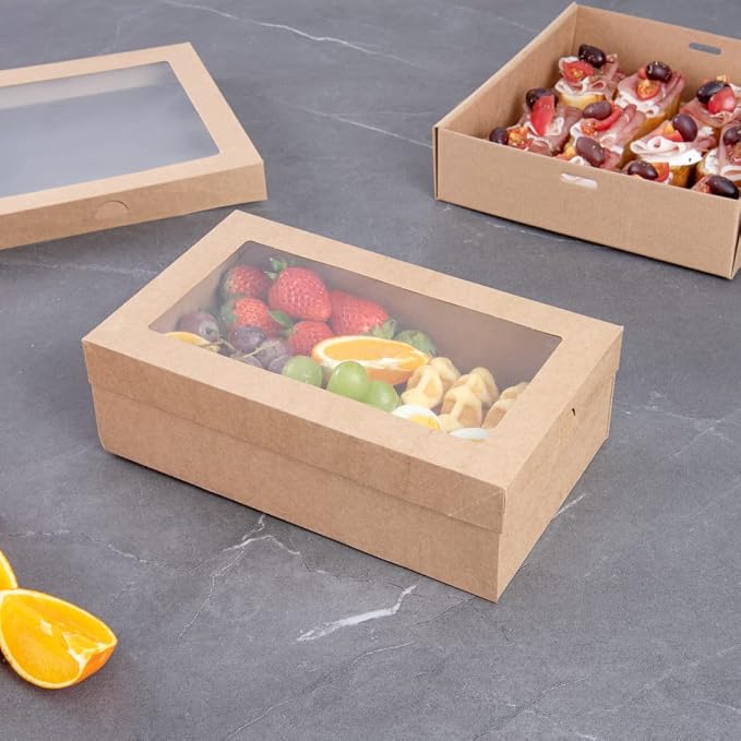 Restaurantware Cater Tek 10.2 x 6.1 x 3.2 Inch Baked Goods Boxes 100 Insert Tab Lock Window Pastry Boxes - Window Lids Easy Assembly Kraft Paper Catering Boxes For Charcuterie Or Cupcakes