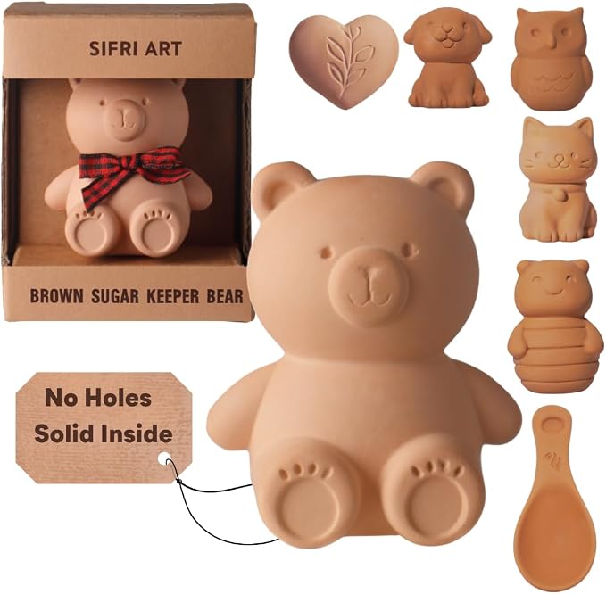 Brown Sugar Bear Keeper – 3D Terracotta Clay Sugar Saver Softener, Reusable Moisture Stone for Brown Sugar, Cookies, Marshmallows, Herbs, Baking & Kitchen Storage