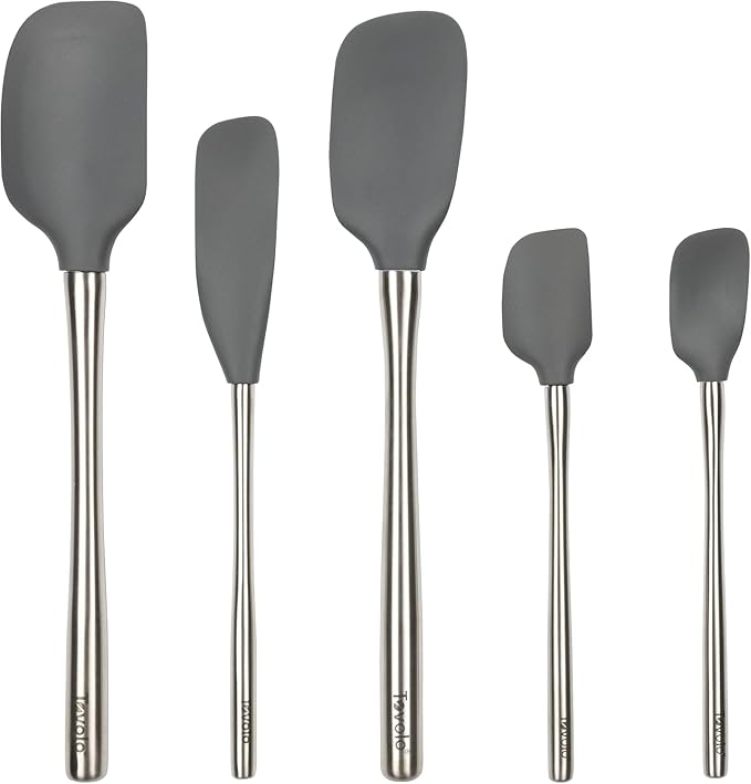 Tovolo Stainless Steel Handled Silicone Spatula Set of 5 Charcoal Gray, Dishwasher Safe Kitchen Spatula Set for Cooking Baking, Non Toxic BPA Free Silicone Spatula set with Metal Steel Handle