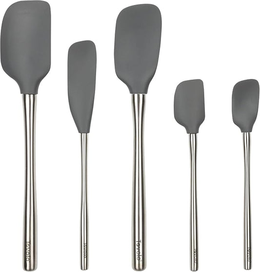 Tovolo Stainless Steel Handled Silicone Spatula Set of 5 Charcoal Gray, Dishwasher Safe Kitchen Spatula Set for Cooking Baking, Non Toxic BPA Free Silicone Spatula set with Metal Steel Handle