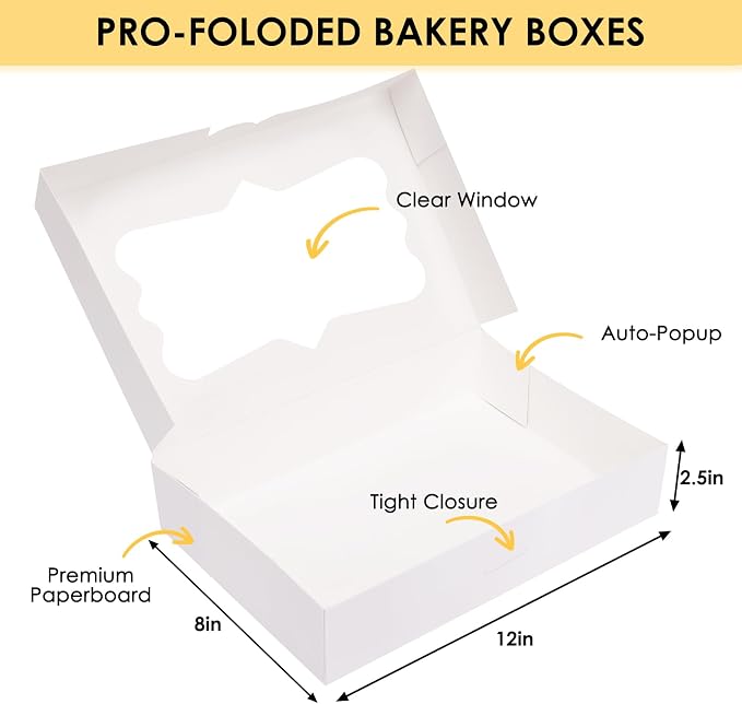Moretoes 48pcs Auto-Popup Treat Boxes, 12x8x2.5 Inches Cookie Boxes with 3 Style Window, for Chocolate Covered Strawberries,Muffins, Donuts, Pastries (White)