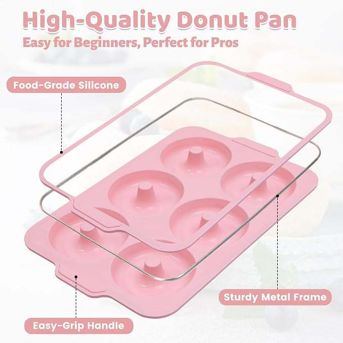 Nonstick Silicone Donut Pan: 4 Inch Large Donut Mold with Metal Frame - Bagel Doughnut Pan for Baking Gluten Free Glazed Vegan - for Oven Housewife Home Baker Baking Lovers (Pink & Beige)