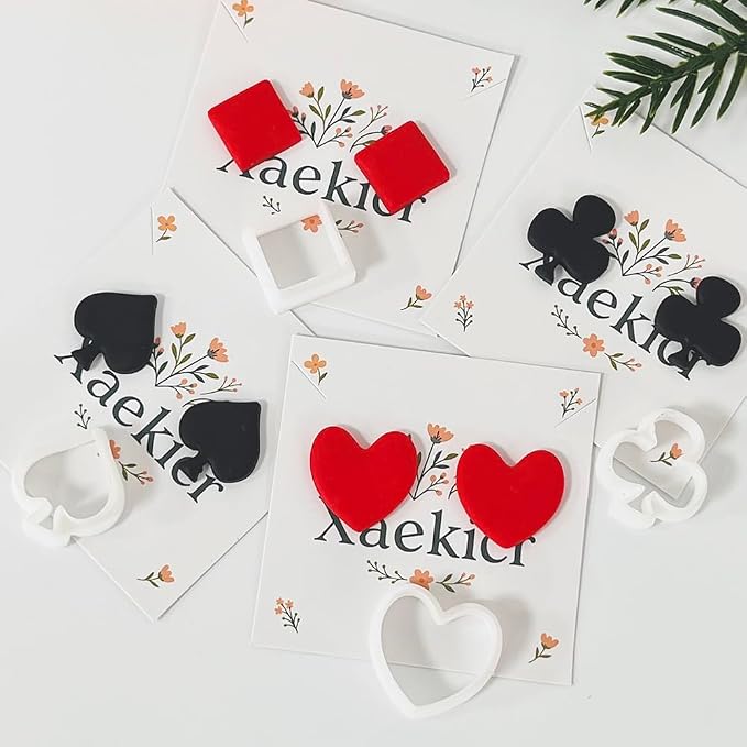 Xaekicr Card Suit Polymer Clay Cutters Set - 4PCS Clay Cutters for Earrings, Classic Heart Spade Diamond Club Shapes, Polymer Clay Molds, Clay Tools for DIY Jewelry Making