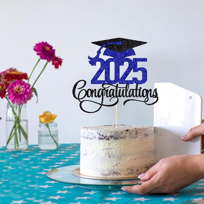 Black Gold Glitter 2025 Congratulations Graduation Cake Topper,Congrats Grad Cake Decor - 2025 High School/College/Senior Graduation Party Decorations Supplies (Dark blue)