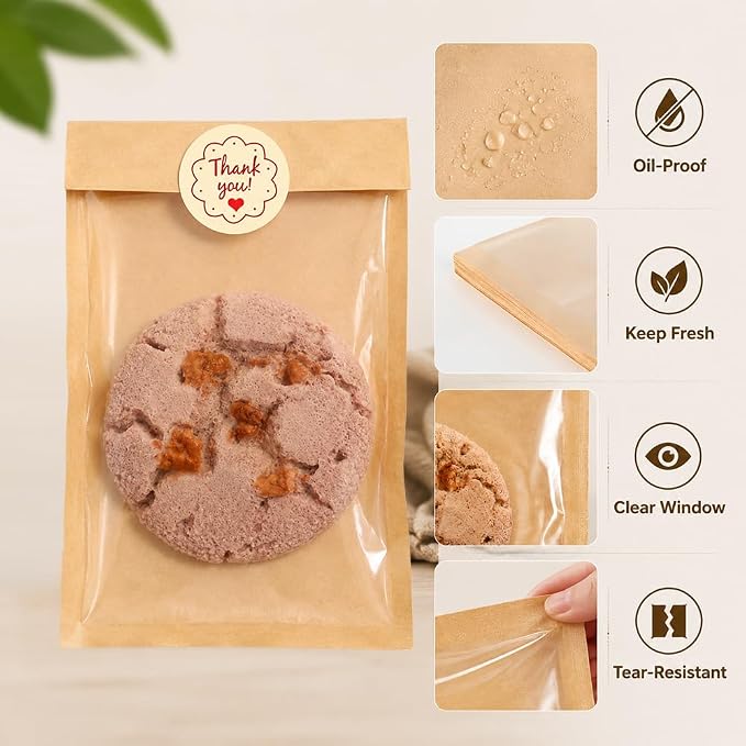 Cookie Bags with Seal(5.1x7.5 Inch) 50 PCS Sealable Bakery Bags for Bread Treat Snack Baked Goods Pastry Donut Cookie Bake Sale Packaging Heat Seal Farmstand Small Business Party Favors Supplies