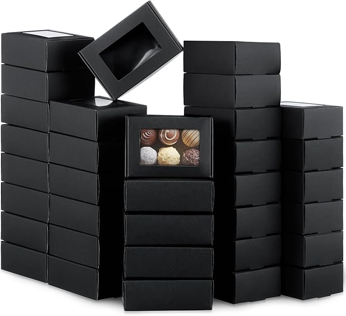 Zonon 60 Pcs Soap Boxes for Homemade Packaging, Mini Kraft Boxes with Window for Bakery Candy Soap Making Gift Packaging, 3.7x2.6x1.4 Inch (Black)