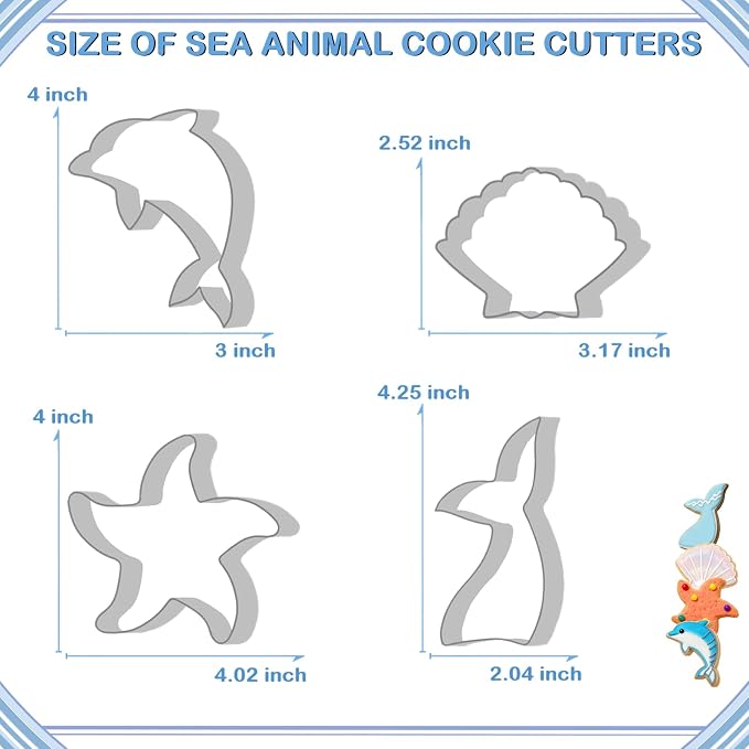 Mermaid Ocean Cookie Cutters- 4" Large Under The Sea Creatures Cute Cookie Cuttesr For Holiday Themed Parties, Mermaid Tail, Starfish, Seashell,Dolphin (4Pcs)