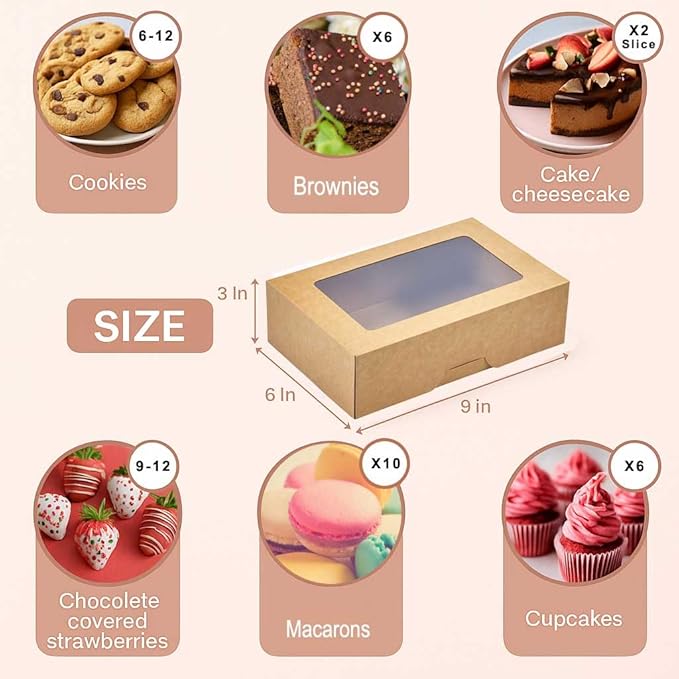 Leafiew 30 Pack Cookie Boxes with Window for Gift Giving – 9x6x3 Inches Bakery Boxes - Small Cookie Containers for Treats, Desserts, Strawberries, Cupcake, Pastry, Charcuterie, Baked Goods (Brown)
