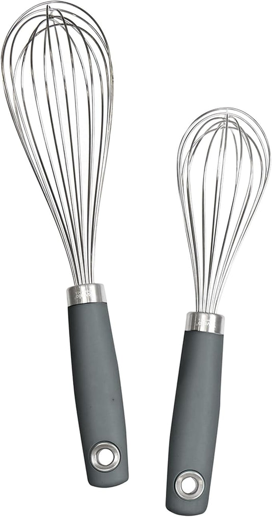 Tovolo Wire Whisk Set of 2 for Baking Cooking Mixing Whisking, 10" & 12" Inch Stainless Steel Wire Kitchen Whisk Set Balloon Design Sturdy Comfort Grip Handle BPA Free Dishwasher Safe, Charcoal Gray