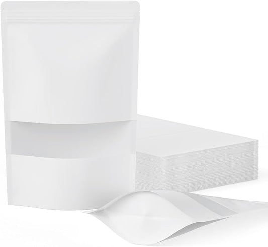 FireKylin 100 Pcs Resealable Bags, Paper Stand Up Pouches Bags with Matte Window for Small Businness, Zipper & Heat Sealable Treat Bags for Packaging (Inner Size 7.2" x 8.5"; Outer Size 7.9" x 11.8")