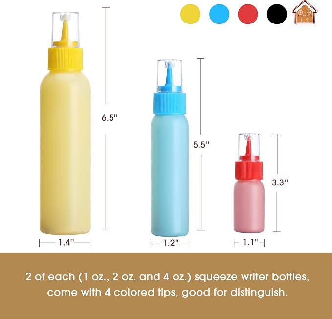 Cookie Icing Bottles, 6 Squeeze Applicator Bottles, 2 each (1, 2 and 4 ounces), Royal Icing Tools, Cake Sugar Cookie Decorating Supplies, Food Coloring, Frosting, Pancake Arts and Crafts Kit