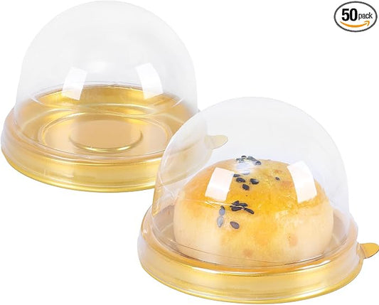 50 Pcs Mini Cake Containers with Clear Dome Lids, Clear Plastic Small Desserts Cupcake Boxes for Individual Chocolate Covered Cookies, Strawberry, Mooncake，Cheesecake, Cocoa Bomb (Gold)