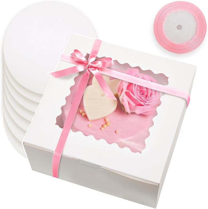 Bakepacker 36pcs 8x8x5 Inches Cake Boxes with Window 18-Packs White 8 Inch Bakery Boxes (18 Cake boxes +18 Cake Boards+10 Meters Silk Ribbon Includes)