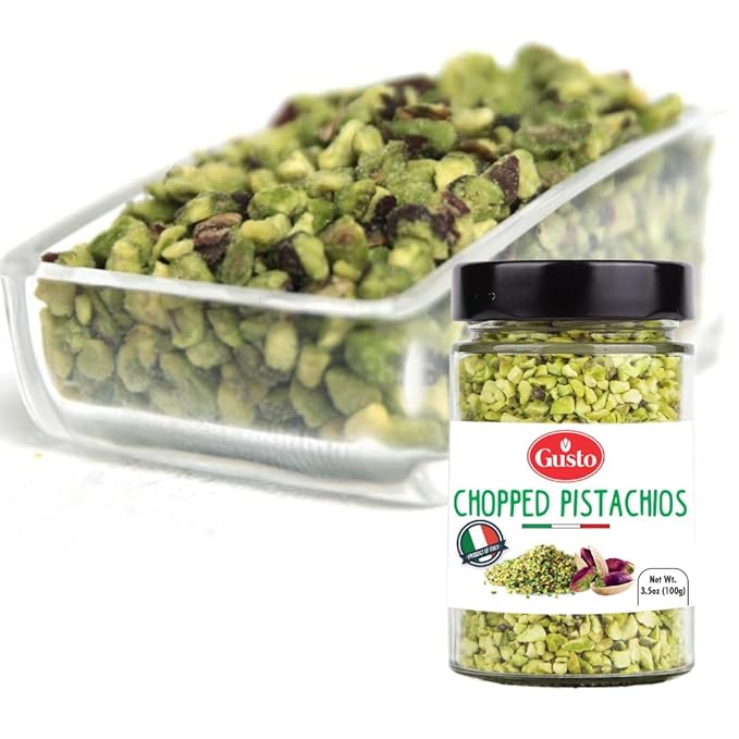 GUSTO ETNA Sicilian Chopped Pistachios, Raw Pistachios Crumbles 3.5 oz | Bronte-Sourced Crumbles for Baking, Cooking, Ice Cream, Pizza, Pasta, and Sandwiches; Product of Sicily, Italy.