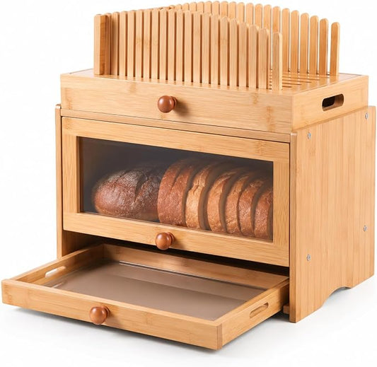 3in1 Bread Slicer for Homemade Bread - Adjustable Width Bamboo Bread Cutter with Storage Box, Bread Box with Cutting Board Crumb Tray, Bread Storage Container for Kitchen Countertop, Sourdough Baking