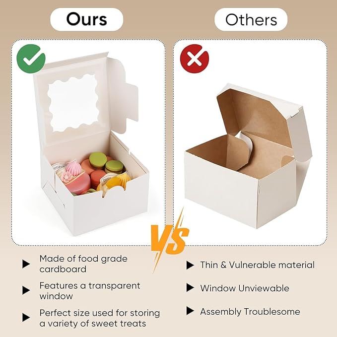 20 Pack Cookie Boxes with Window, 4x4x2.5 Inch White Bakery Box, Kraft Paper Treat Boxes for Pastries, Cookies, Pie, Donuts, Macaron, Strawberry Boxes