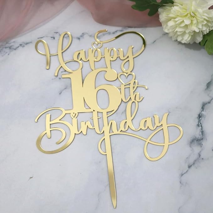 Happy 16th Birthday Cake Topper，Mirrored Gold Acrylic Birthday Topper for Cheers to 16 Years Birthday/Anniversary Party Decoration Ideas, Perfect Keepsake for your family and friends(16th)