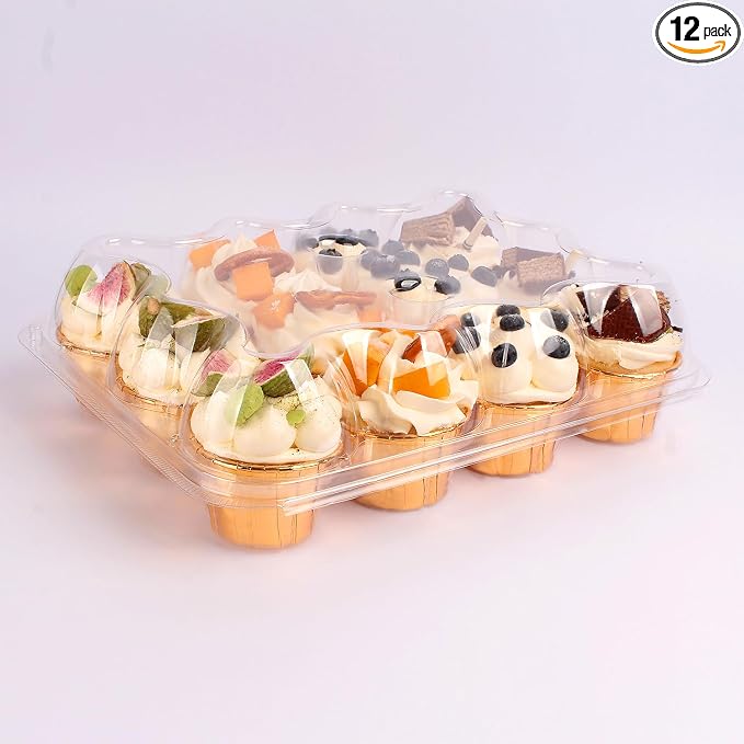 12 Count Cupcake Containers with Tall Dome Lids, Detachable Covers for Frosted Cupcakes, Standard Size Carrier for Parties, Bake Sales, Events (Holds 144 Cupcakes)